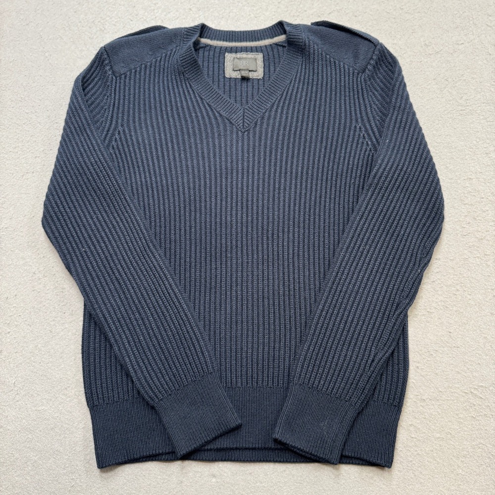 Banana Republic Sweater Men's Medium Blue V-Neck Ribbed Knit Pullover Military